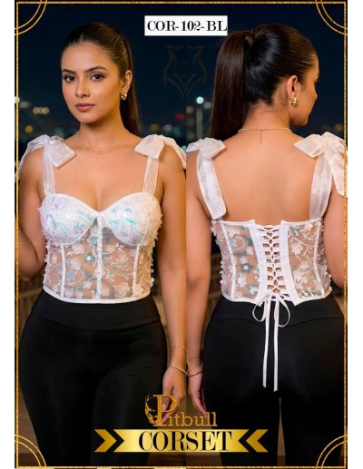 Corset Colombiano Pitbull COR102 | Encaje Blanco con Transparencias | Estilo Romántico y Elegante