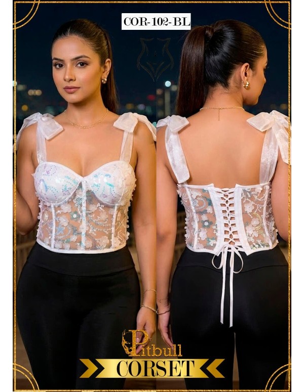 Corset Colombiano Pitbull COR102 | Encaje Blanco con Transparencias | Estilo Romántico y Elegante
