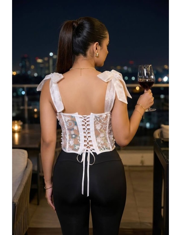 Corset Colombiano Pitbull COR102 | Encaje Blanco con Transparencias | Estilo Romántico y Elegante