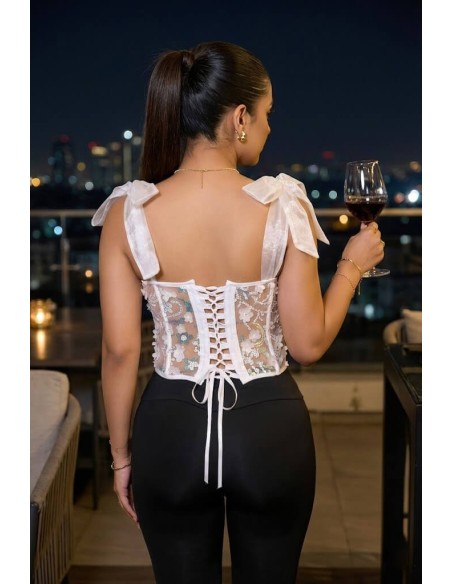 Corset Colombiano Pitbull COR102 | Encaje Blanco con Transparencias | Estilo Romántico y Elegante
