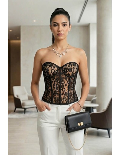 Corset Colombiano Pitbull COR104 | Encaje Negro Transparente | Elegancia y Sensualidad 2