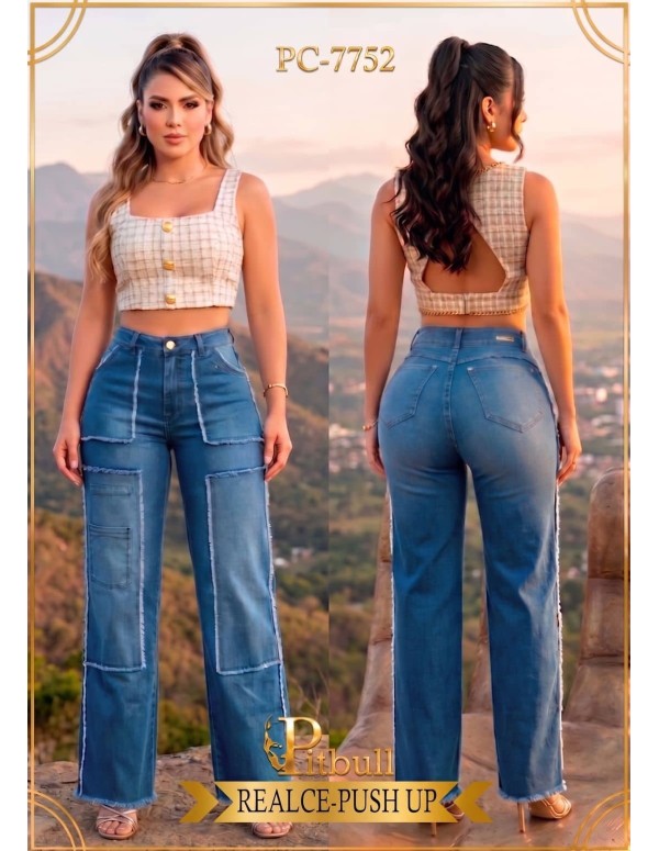 Jean Colombiano Pitbull PC-7752 - Patchwork Azul con Realce Push-Up