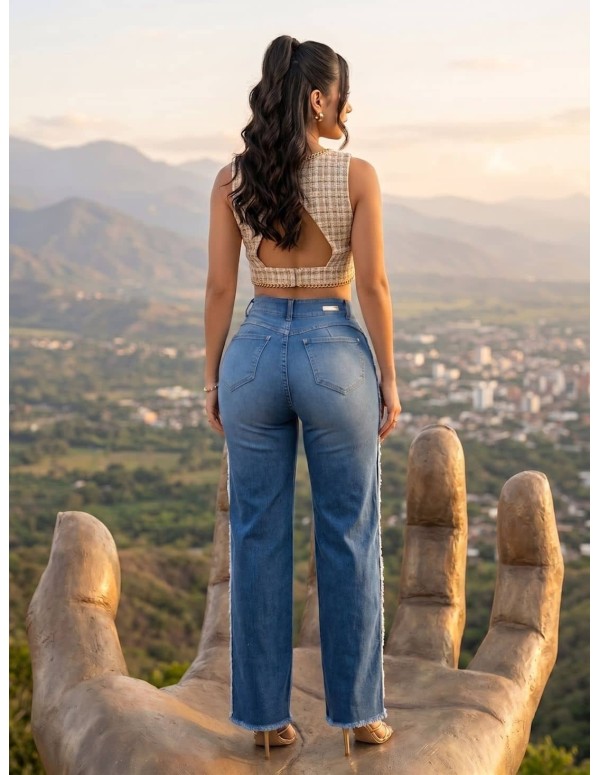 Jean Colombiano Pitbull PC-7752 - Patchwork Azul con Realce Push-Up