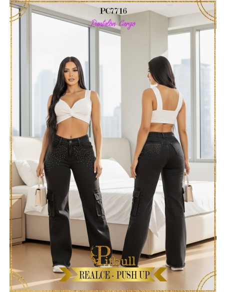 Pantalón Colombiano Pitbull Cargo Con Brillos | Moda Exclusiva | PC7716