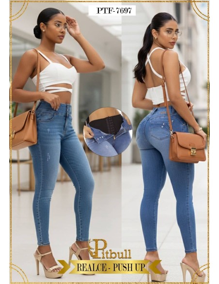 Jean levanta cola con faja interna | Pitbull PTF7697 | Control total con estilo colombiano