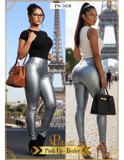 Pantalón Efecto Cuero Pitbull PS7670 - Push Up con Tiro Alto