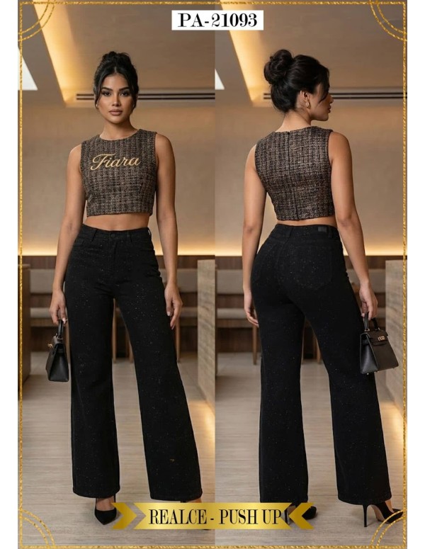 Pantalón Colombiano Wide Leg Fiara PA21093 | Corte Ancho Con Brillo Moderno
