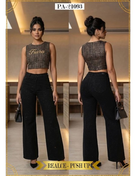 Pantalón Colombiano Wide Leg Fiara PA21093 | Corte Ancho Con Brillo Moderno