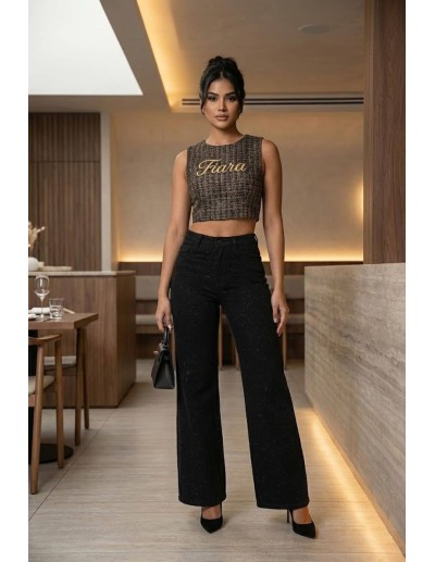 Pantalón Colombiano Wide Leg Fiara PA21093 | Corte Ancho Con Brillo Moderno 2